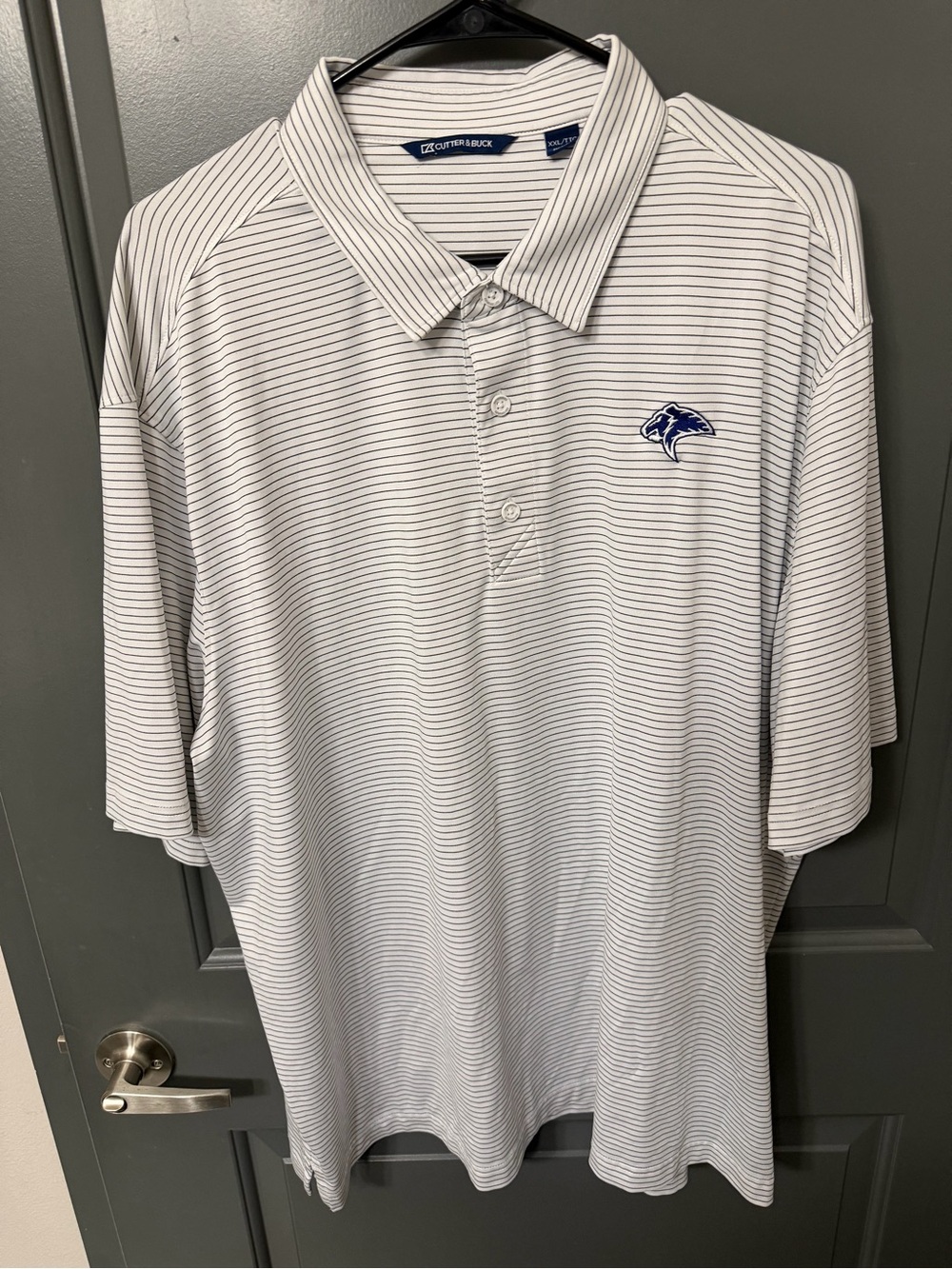 Cutter & Buck Polo Shirt Men’s XXL White Navy Striped Embroidered Logo